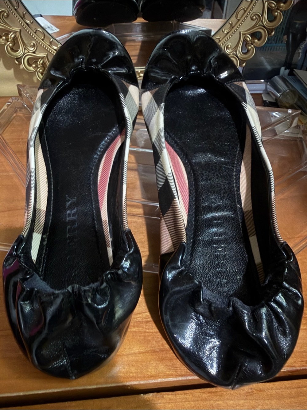 Burberry Black Patent & Beige Plaid Ballet Flats